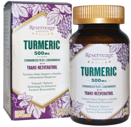 Turmeric, with Trans-Resveratrol, 500 mg, 60 Veggie Caps by ReserveAge Nutrition, 補充劑，抗氧化劑，薑黃素，薑黃 HK 香港
