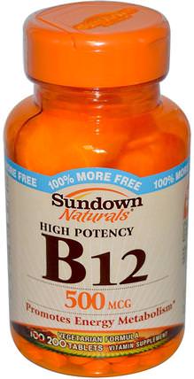 B-12, High Potency, 500 mcg, 200 Tablets by Sundown Naturals, 維生素，維生素b，維生素b12，維生素b12 - cyanocobalamin HK 香港