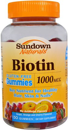 Biotin, 1000 mcg, Grape, Orange and Cherry Flavored, 130 Gummies by Sundown Naturals, 熱敏感產品，補品，gummies HK 香港