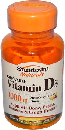 Chewable Vitamin D3, Strawberry-Banana Flavor, 1000 IU, 120 Tablets by Sundown Naturals, 維生素，維生素D3 HK 香港