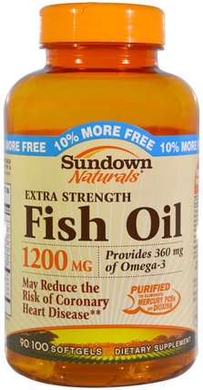 Extra Strength Fish Oil, 1200 mg, 100 Softgels by Sundown Naturals, 補充劑，efa omega 3 6 9（epa dha），魚油，魚油軟膠囊 HK 香港