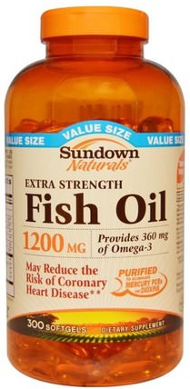 Extra Strength Fish Oil, 1200 mg, 300 Softgels by Sundown Naturals, 補充劑，efa omega 3 6 9（epa dha），魚油，魚油軟膠囊 HK 香港