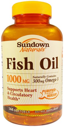 Fish Oil, 1000 mg, 144 Softgels by Sundown Naturals, 補充劑，efa omega 3 6 9（epa dha），魚油，魚油軟膠囊 HK 香港