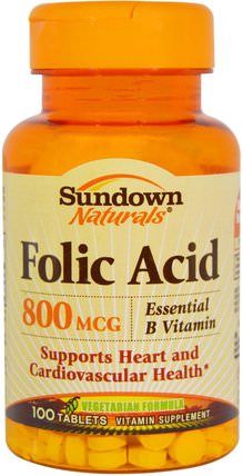Folic Acid, 800 mcg, 100 Tablets by Sundown Naturals, 維生素，葉酸 HK 香港