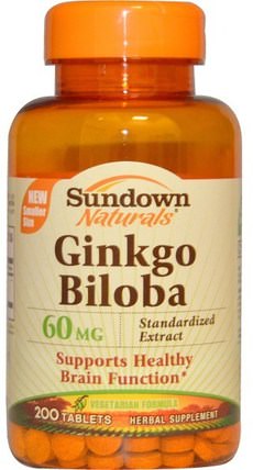 Ginkgo Biloba, Standardized Exract, 60 mg, 200 Tablets by Sundown Naturals, 草藥，銀杏葉 HK 香港