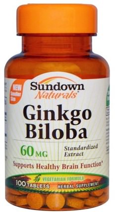 Ginkgo Biloba, Standardized Extract, 60 mg, 100 Tablets by Sundown Naturals, 草藥，銀杏葉 HK 香港