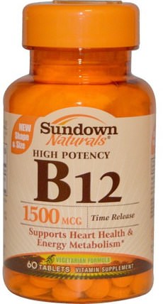 B-12, High Potency, Time Release, 1500 mcg, 60 Tablets by Sundown Naturals, 維生素，維生素b，維生素b12，維生素b12 - cyanocobalamin HK 香港