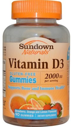 Vitamin D3, Strawberry, Orange, and Lemon Flavored, 2000 IU, 90 Gummies by Sundown Naturals, 熱敏感產品，維生素，維生素D gummies HK 香港