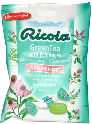 Green Tea with Echinacea, Sugar Free, 19 Drops by Ricola, 健康，感冒流感和病毒，喉嚨護理噴霧，咳嗽滴 HK 香港