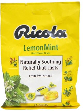 Herb Throat Drops, Lemon Mint, 24 Drops by Ricola, 健康，感冒流感和病毒，喉嚨護理噴霧 HK 香港