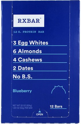 Protein Bars, Blueberry, 12 Bars, 1.83 oz (52 g) Each by RXBAR, 補品，營養棒，小吃 HK 香港