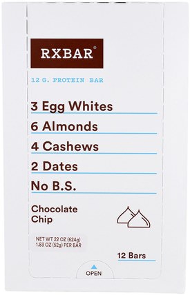 Protein Bars, Chocolate Chip, 12 Bars, 1.83 oz (52 g) Each by RXBAR, 補品，營養棒，小吃 HK 香港
