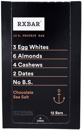 Protein Bars, Chocolate Sea Salt, 12 Bars, 1.83 oz (52 g) Each by RXBAR, 補品，營養棒，小吃 HK 香港