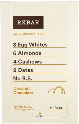 Protein Bars, Coconut Chocolate, 12 Bars, 1.83 oz (52 g) Each by RXBAR, 補品，營養棒，小吃 HK 香港