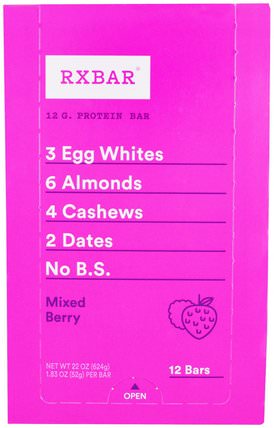Protein Bars, Mixed Berry, 12 Bars, 1.83 oz (52 g) Each by RXBAR, 補品，營養棒，小吃 HK 香港
