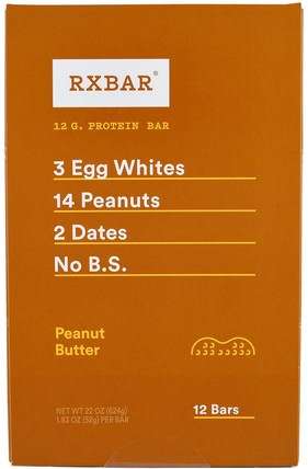 Protein Bars, Peanut Butter, 12 Bars, 1.83 oz (52 g) Each by RXBAR, 補品，營養棒，小吃 HK 香港