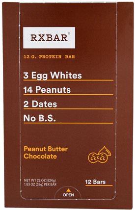 Protein Bars, Peanut Butter Chocolate, 12 Bars, 1.83 oz (52 g) Each by RXBAR, 補品，營養棒，小吃 HK 香港