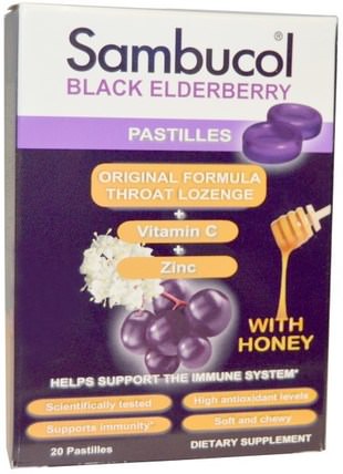 Black Elderberry Pastilles with Honey, 20 Pastilles by Sambucol, 健康，感冒流感和病毒，喉嚨護理噴霧，咳嗽滴 HK 香港