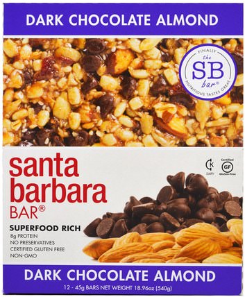 Dark Chocolate Almond, 12 Bars, 18.96 oz (540 g) by Santa Barbara Bar, 補充劑，營養棒 HK 香港