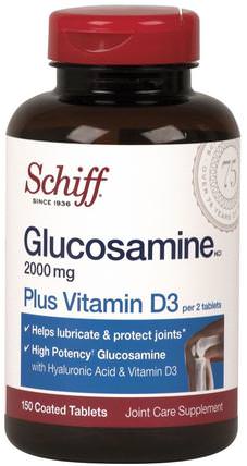 Glucosamine, Plus Vitamin D3, 2000 mg, 150 Coated Tablets by Schiff, 維生素，維生素D3，補充劑，氨基葡萄糖 HK 香港