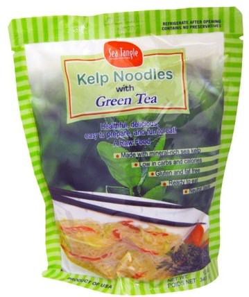 Kelp Noodles, with Green Tea, 12 oz (340 g) by Sea Tangle Noodle Company, 食品，米飯麵食湯和穀物，麵食和湯，麵條，補品，海帶 HK 香港