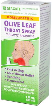 Olive Leaf Throat Spray, Raspberry Spearmint, 1 fl oz (30 ml) by Seagate, 補品，順勢療法咳嗽感冒和流感 HK 香港