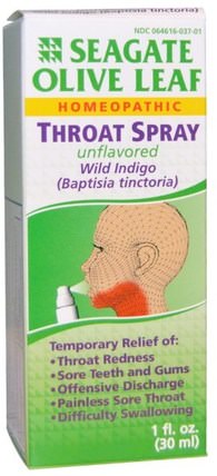 Olive Leaf Throat Spray, Unflavored, 1 fl oz (30 ml) by Seagate, 補品，順勢療法咳嗽感冒和流感 HK 香港