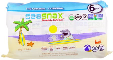 Organic Roasted Seaweed Snack, 6 Pack 0.18 oz (5 g) Each by SeaSnax, 減肥，飲食，古飲食產品/食品，零食 HK 香港