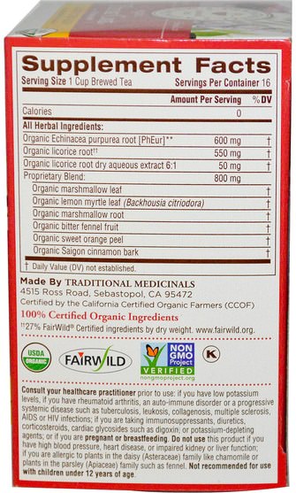 健康 - Traditional Medicinals, Seasonal Teas, Organic Throat Coat, Naturally Caffeine Free, Lemon Echinacea, 16 Wrapped Tea Bags, 1.13 oz (32 g)
