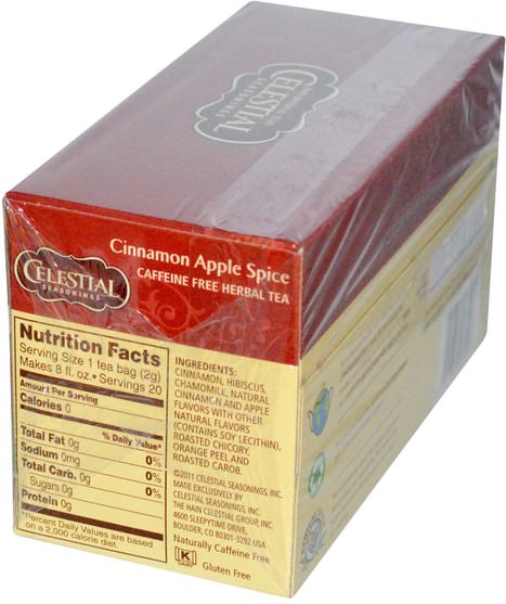 天體調味料 - Celestial Seasonings, Cinnamon Apple Spice, Caffeine Free, 20 Tea Bags, 1.7 oz (48 g)