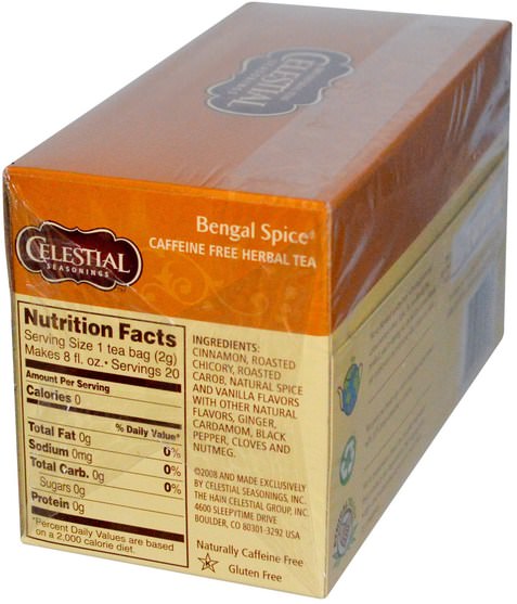 天體調味料 - Celestial Seasonings, Herbal Tea, Bengal Spice, Caffeine Free, 20 Tea Bags, 1.7 oz (47 g)