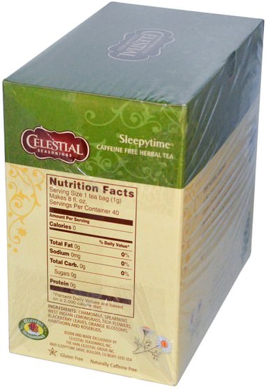 天體調味料，食物，涼茶 - Celestial Seasonings, Herbal Tea, Caffeine Free, Sleepytime, 40 Tea Bags, 2.0 (58 g)