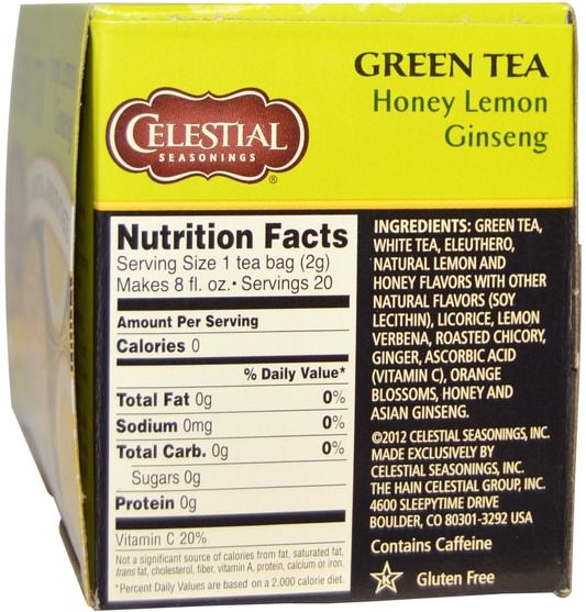 天體調味料，天體調味料綠茶，adaptogen - Celestial Seasonings, Green Tea, Honey Lemon Ginseng, 20 Tea Bags, 1.5 oz (42 g)