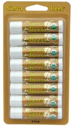 Organic Lip Balms, Cocoa Butter, 8 Pack.15 oz (4.25 g) Each by Sierra Bees, 洗澡，美容，唇部護理，唇膏，山脈蜜蜂有機唇膏 HK 香港
