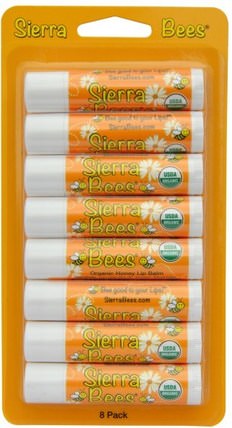 Organic Lip Balms, Honey, 8 Pack.15 oz (4.25 g) Each by Sierra Bees, 洗澡，美容，唇部護理，唇膏，山脈蜜蜂有機唇膏 HK 香港