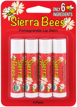 Organic Lip Balms, Pomegranate, 4 Pack.15 oz (4.25 g) Each by Sierra Bees, 洗澡，美容，唇部護理，唇膏，山脈蜜蜂有機唇膏 HK 香港