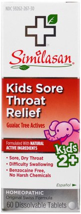 Kids Sore Throat Relief, Guaiac Tree Actives, 2+, 60 Dissolvable Tablets by Similasan, 補品，順勢療法 HK 香港