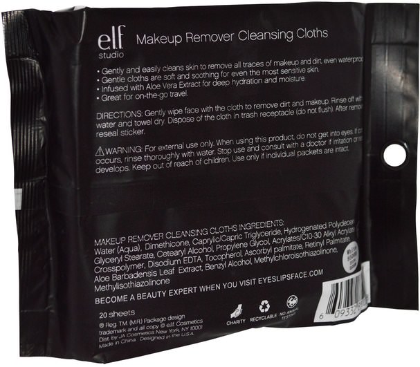 皮膚護理 - E.L.F. Cosmetics, Makeup Remover Cleansing Cloths, 20 Pre-Moistened Cloths
