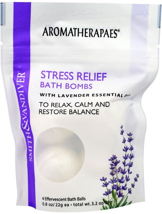 Stress Relief Bath Bombs with Lavender Essential, 4 Effervescent Bath Balls, 0.8 oz (22 g) Each by Smith & Vandiver, 健康，抗壓力，情緒 HK 香港