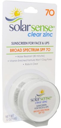 Clear Zinc, Sunscreen, SPF 70, Face & Lips.5 oz (14 g) by Solar Sense, 洗澡，美容，防曬霜，spf 50-75，唇部護理，唇部防曬霜 HK 香港