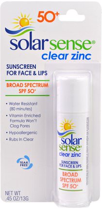 Clear Zinc Sunscreen Stick, SPF 50+, Face & Lips.45 oz (13 g) by Solar Sense, 洗澡，美容，防曬霜，spf 50-75，唇部護理，唇部防曬霜 HK 香港