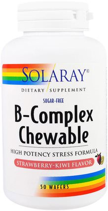 B-Complex Chewable, Strawberry-Kiwi Flavor, Sugar-Free, 50 Wafers by Solaray, 維生素，維生素b複合物 HK 香港