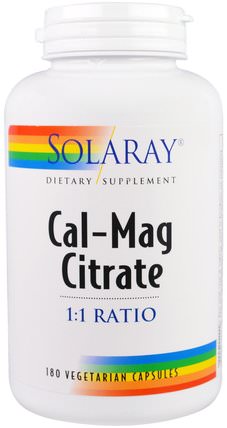 Cal-Mag Citrate, 1:1 Ratio, 180 Veggie Caps by Solaray, 補充劑，礦物質，鈣和鎂 HK 香港