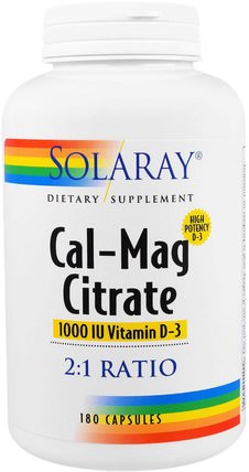Cal-Mag Citrate, 1000 IU Vitamin D-3, 180 Capsules by Solaray, 補充劑，礦物質，鈣和鎂 HK 香港