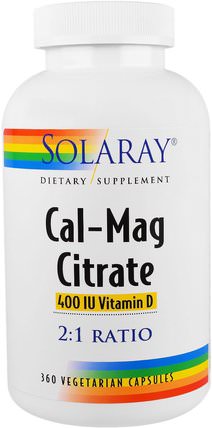 Cal-Mag Citrate, 400 IU Vitamin D, 360 Vegetarian Capsules by Solaray, 補充劑，礦物質，鈣和鎂 HK 香港