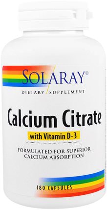 Calcium Citrate with Vitamin D-3, 180 Capsules by Solaray, 補品，礦物質，檸檬酸鈣 HK 香港