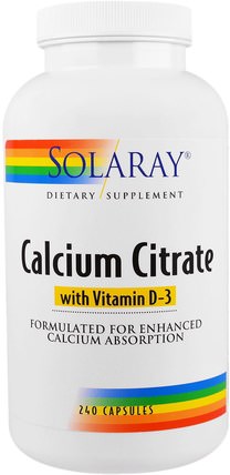 Calcium Citrate, with Vitamin D-3, 240 Capsules by Solaray, 補品，礦物質，檸檬酸鈣 HK 香港