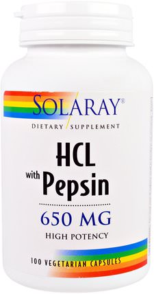 HCL with Pepsin, 650 mg, 100 Vegetarian Capsules by Solaray, 補充劑，甜菜鹼hcl HK 香港