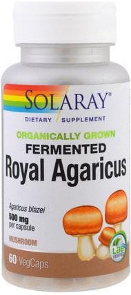 Organically Grown Fermented Royal Agaricus, Mushroom, 500 mg, 60 Veggie Caps by Solaray, 補充劑，藥用蘑菇 HK 香港