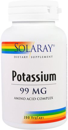 Potassium, 99 mg, 200 Veggie Caps by Solaray, 補充劑，礦物質，鉀 HK 香港